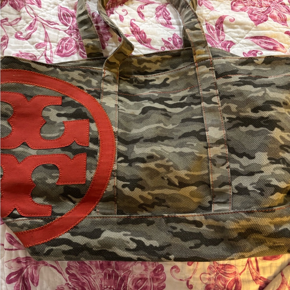 Tory Burch Camouflage Tote Bag with Red Logo